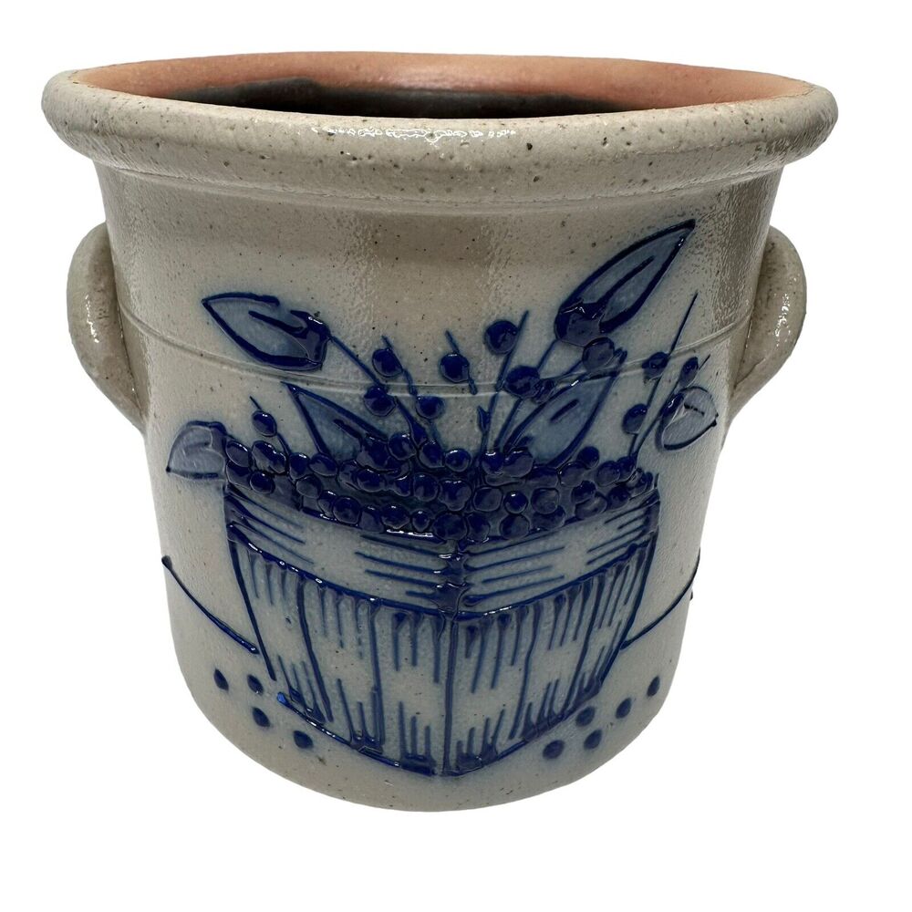 1992 Salmon Falls Blue Decorated Stoneware Blue Berries Basket CrockWare Pottery - Picture 2 of 13